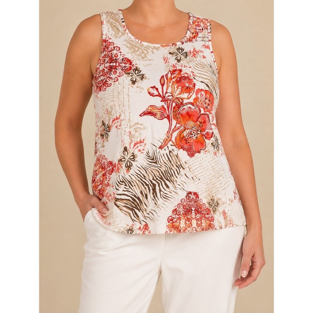CJ Banks 1X Floral Tank Top Plus Size 100% Cotton Sleeveless Casual Summer Multi